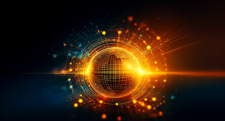 Poster - A glowing sphere emits bright light, surrounded by a network of interconnected lines and sparkling particles against a dark background with orange and blue hues.