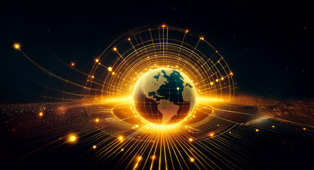 Poster - Glowing globe surrounded by golden lines and dots, radiates energy in a dark starry space, representing global connection and technology.