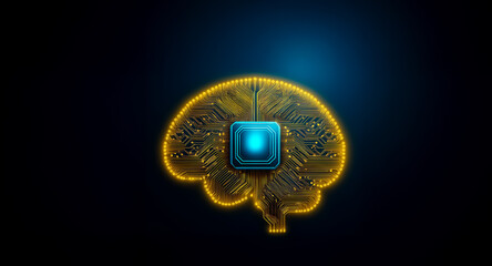 Poster - A glowing brain outline with intricate circuit patterns and a central bright square, symbolizes artificial intelligence and advanced technology on a dark backdrop.