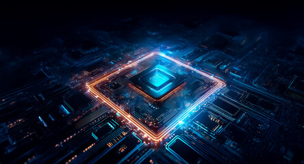 Poster - Abstract technology concept featuring a glowing square with blue and orange neon lights. A circuit board pattern forms the backdrop in a dark environment.
