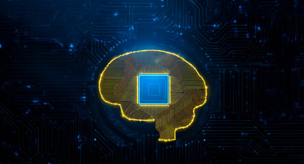 Poster - A glowing brain outline with a central chip, set against a dark blue circuit board backdrop.  It represents technology, intelligence, and the connection between the human mind and artificial systems.