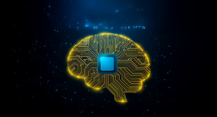 Poster - Illuminated brain silhouette with circuit board design and central chip, glows in blue on a dark backdrop with sparkling particles. Represents technology and intelligence.