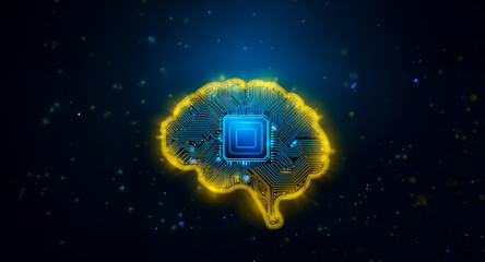Poster - Brain outline with central chip glows on dark blue. Represents AI and tech, illuminated futuristic design, suggesting digital intelligence.