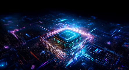 Poster - A glowing chip centerpiece on a dark surface, surrounded by vibrant, circuit-like patterns in blue, purple, and orange hues, suggesting technology and connectivity.