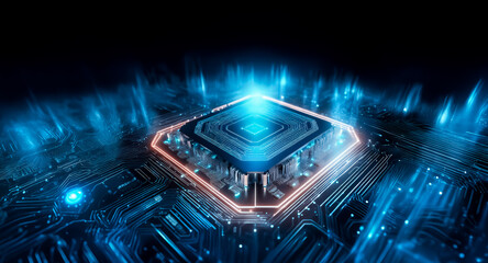 Poster - Futuristic chip glows with blue light atop a circuit board, radiating energy against a dark backdrop. Intricate tech design with vibrant illumination.