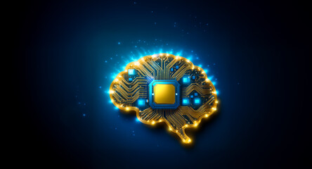 Poster - Glowing brain shape with a central chip on a dark blue backdrop symbolizes artificial intelligence and futuristic technology concepts, highlighting digital innovation.