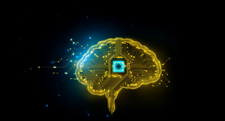 Poster - Glowing circuit brain with a central chip against a dark backdrop.  Blue sparks emanate, suggesting digital processes and technological intelligence.