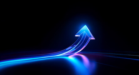 Aufkleber - a luminous blue arrow ascends diagonally on a dark backdrop, creating a bright trail, symbolizing up