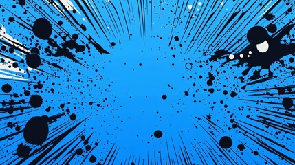 Poster - comic-style abstract blue background with dynamic halftone patterns, radiating light bursts, and ret