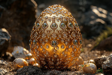 Wall Mural - dramatic lighting highlighting single large easter egg encrusted with gemstones. concept of luxury v