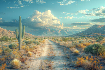 Aufkleber - Desert landscape stretching endlessly toward horizon dotted with cacti silhouettes. Concept of solitude and survival.