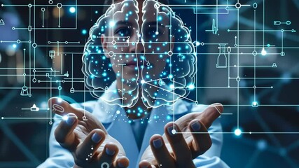 Poster - Innovative scientist explores the intersection of technology and human cognition in a lab setting