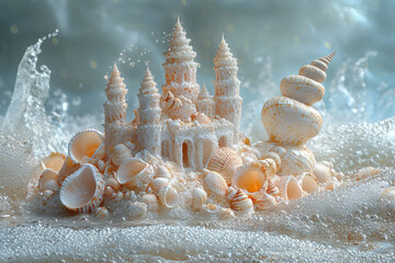 Aufkleber - A melted ice sculpture beside a vibrant sandcastle adorned with shells. Concept of impermanence and creativity.