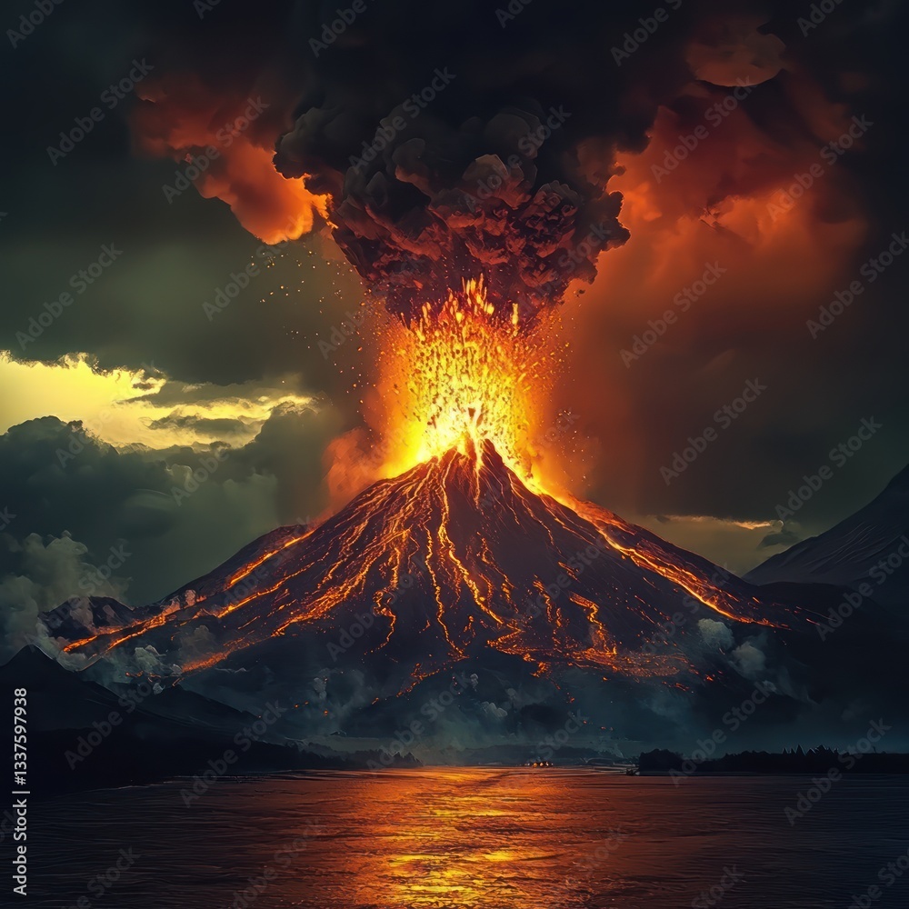 powerful volcano eruption sending ash and lava into the sky Stock Photo ...