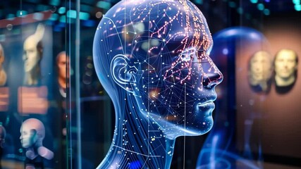 Poster - Explore the intersection of technology and humanity through a lifelike digital display in a modern exhibition