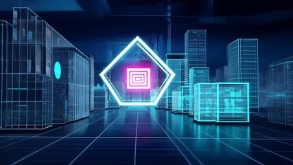 Poster - Futuristic cityscape with neon lights and digital elements creating a vibrant atmosphere