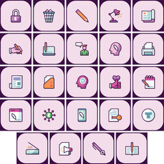 Poster - Collection of office related vector icons in flat style with outline, set of 20