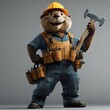 © Johari - A cartoon character in a blue work outfit holding a hammer and an ax. The character is smiling and he is happy