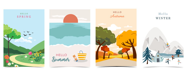 Wall Mural - four season holiday landscape background with mountain and tree for a4 vertical design