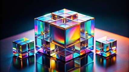 Poster - Futuristic 3D Glass Cubes: Abstract Geometric Shapes & Iridescent Plexiglass Blocks on Black Background