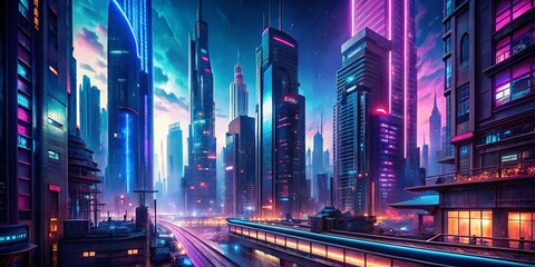 Aufkleber - Futuristic Cityscape: Glowing Neon Signs & Sci-Fi Architecture - Digital Art Stock Photo