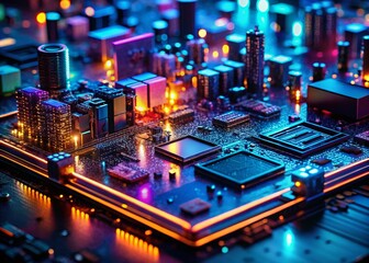 Aufkleber - Futuristic Neon Motherboard Cyberpunk Low Light Stock Photo