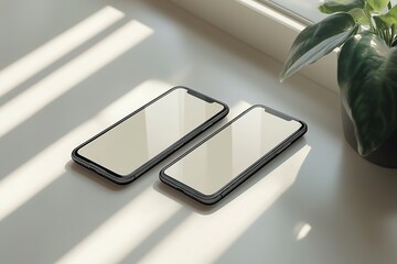 Aufkleber - mockup showing two phones with their screens facing up, one in front and the other at an angle to be