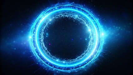 Poster - Glowing Blue Neon Ring Energy Field Abstract Digital Art Drone Photography