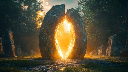 Aufkleber - A magical gateway appearing in the middle of an ancient stone circle, light spilling through the cracks, cinematic mystical portal