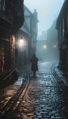 Poster - A solitary traveler walking through a fog-covered medieval town, cobblestone streets glistening under lantern light, cinematic historical mystique