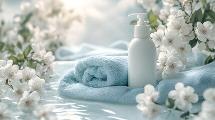 Poster - White laundry detergent bottle and blue towels on a light background, with a banner that has a copy space area for text or design. 