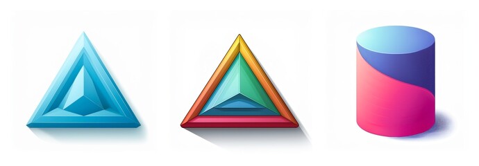 Poster - Three geometric shapes are displayed: a blue triangle, a layered colorful triangle, and a pink-purple gradient cylinder, all rendered in 3D.
