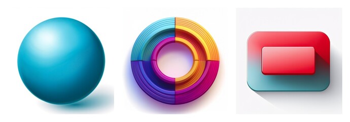 Aufkleber - A set of three dimensional shapes are presented: a blue sphere, a segmented colorful circle, and a red and blue rounded rectangle.