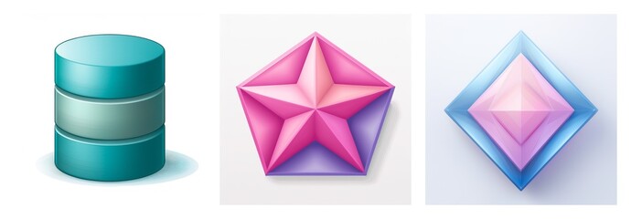 Aufkleber - Three glossy shapes are displayed on a white backdrop: a teal cylinder, a pink star, and a blue rhombus. All shapes are geometric and colorful.