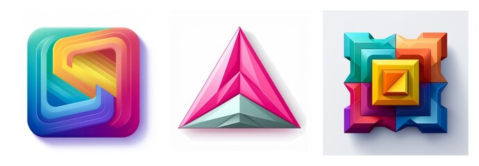 Poster - Three vibrant geometric shapes are displayed: a layered swirl square, a pink triangle, and a colorful interlocking square.  The shapes are modern and abstract designs.