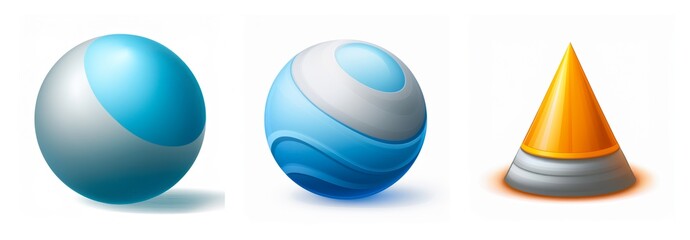 Aufkleber - Three geometric shapes are displayed: two spheres with blue and white patterns and a cone with orange and grey colors, all rendered with smooth, glossy finishes.