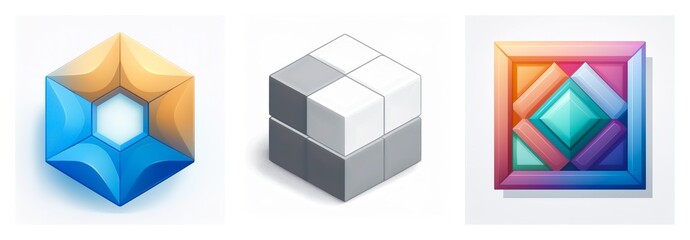 Aufkleber - Three geometric shapes are presented: a blue and yellow hexagon, a grey cube, and a vibrant square with layered inner shapes.