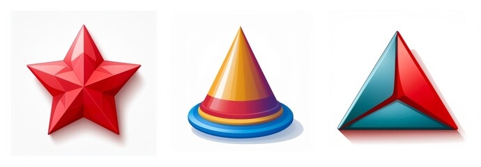 Aufkleber - Glossy shapes displayed on a white background. A red star, a colorful cone, and a triangular prism are presented. Different shapes are bright and isolated.