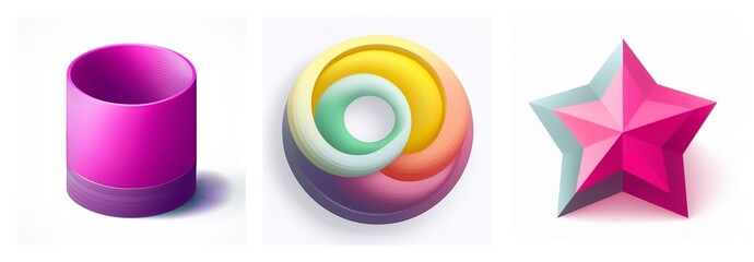 Aufkleber - Image displays three shapes: cylinder, swirl, and star. Colorful geometric forms with gradient hues, isolated on a white background.