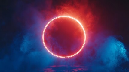 Poster - Futuristic round abstract tunnel with glowing blue neon circle light arches, radiating rays, and mysterious smoke effects creating a high-tech sci-fi atmosphere in a dark surreal background