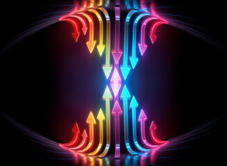 Wall Mural - vibrant, glowing rainbow arrows ascend in a striking, symmetrical arrangement against a dark backgro