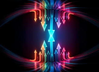 Wall Mural - vibrant, glowing arrows ascend in a dynamic composition, their reflections mirrored on a dark, sleek