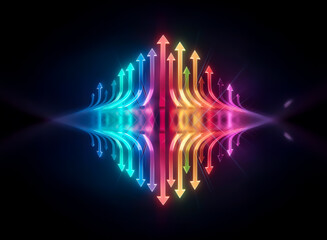 Wall Mural - vibrant, glowing arrows arc upward in a radiant display, reflecting on a dark, glossy surface, symbo