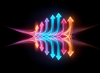 Wall Mural - glowing neon arrows ascend in a dynamic upward trajectory, reflecting on a dark surface, symbolizing