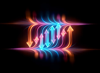 Wall Mural - glowing neon arrows ascend in a dynamic upward trajectory, reflecting on a dark surface, symbolizing