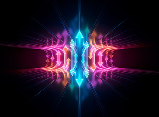 Wall Mural - neon arrows in vibrant colors ascend towards a point, reflecting on a dark, glossy surface, symboliz