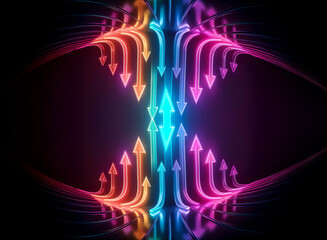 Wall Mural - neon arrows in vibrant colors ascend towards a point, reflecting on a dark, glossy surface, symboliz