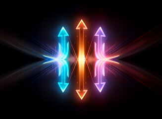 Wall Mural - three glowing neon arrows point upward, their vibrant trails reflecting on a dark, glossy surface. t