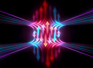Wall Mural - neon arrows ascend in a vibrant display, their glow reflected on a sleek, dark surface. lines conver