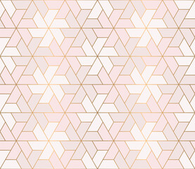Wall Mural - hexagon seamless pattern. geometric wallpaper with triangle shapes and gold line on a soft pink back
